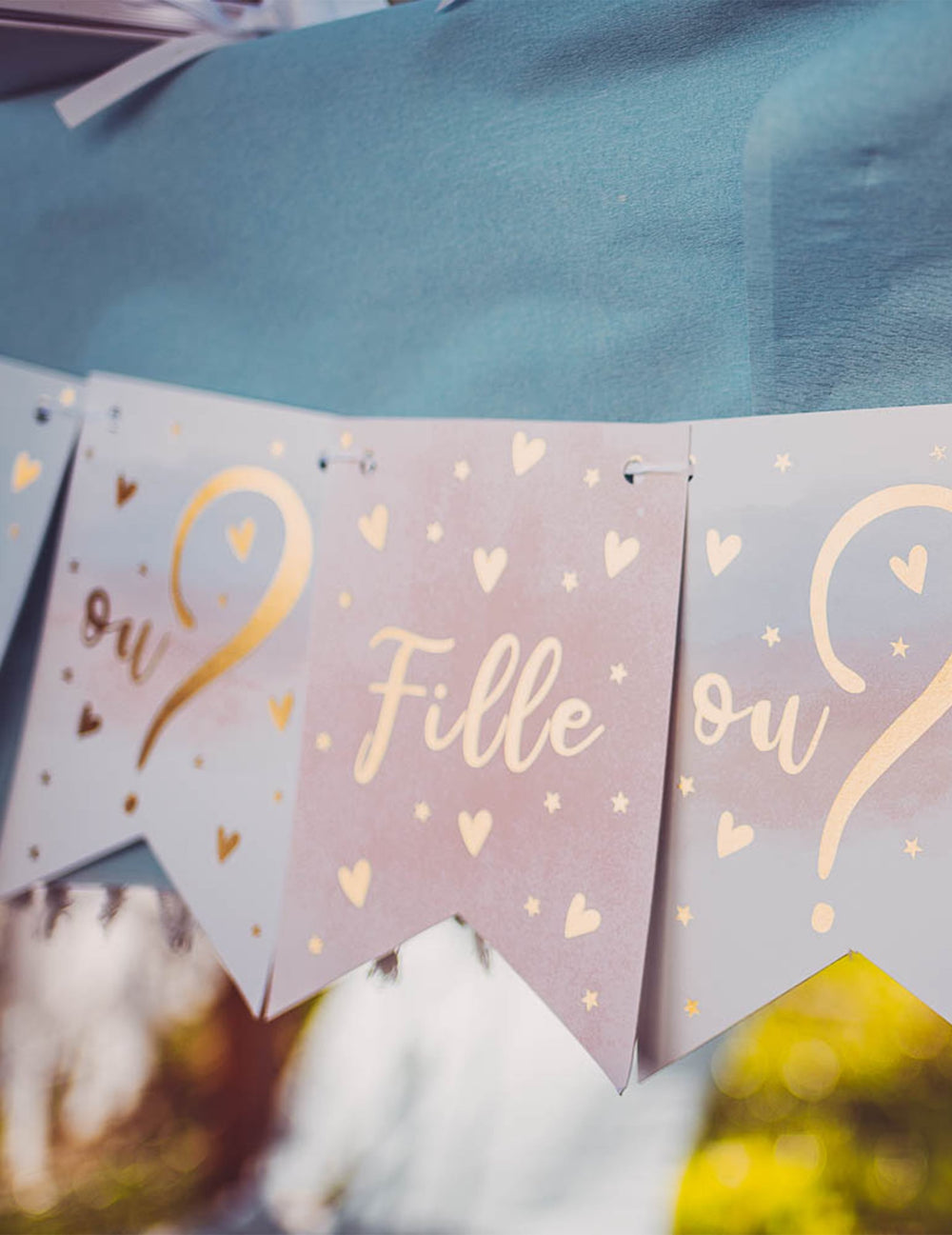 Guirlande 11 fanions fille ou garçon pour gender reveal rose bleu et or