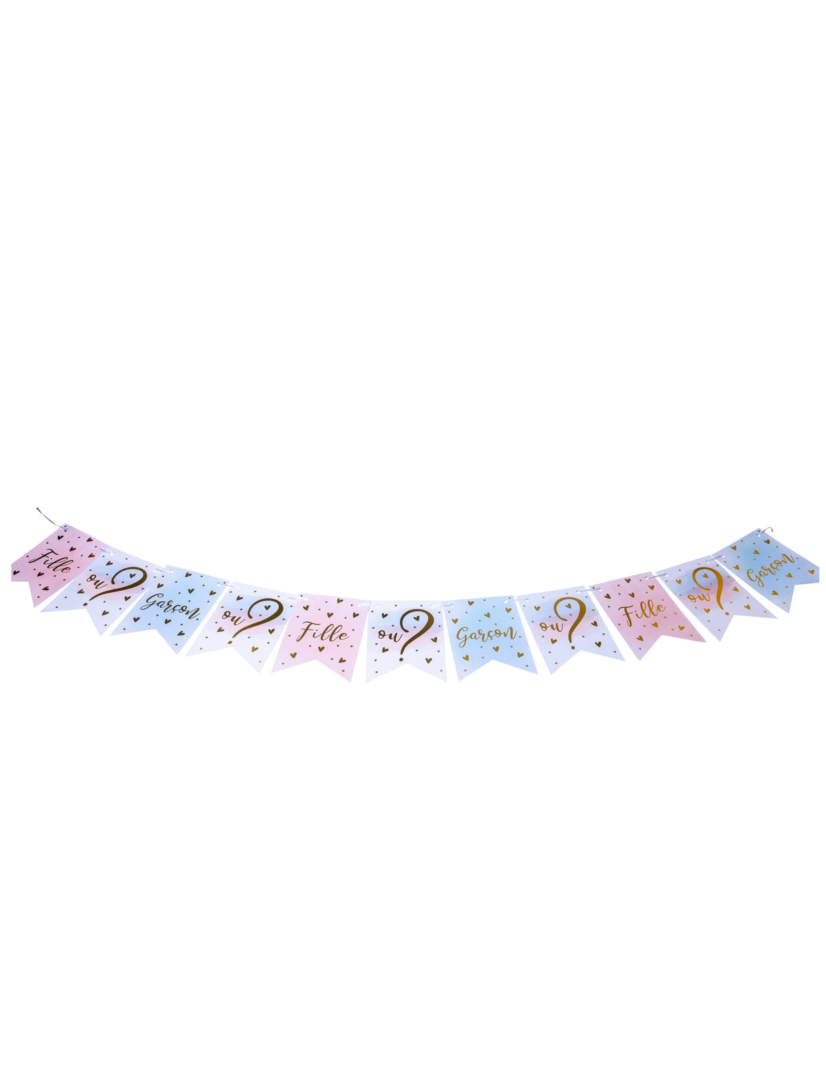 Vue d'ensemble de la guirlande 11 fanions fille ou garçon pour gender reveal rose bleu et or