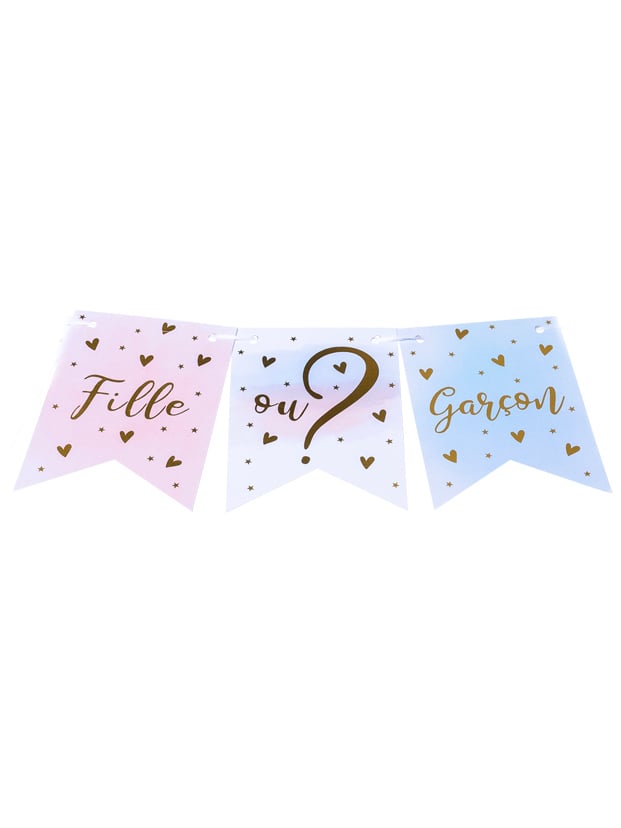 Guirlande 11 fanions fille ou garçon pour gender reveal rose bleu et or