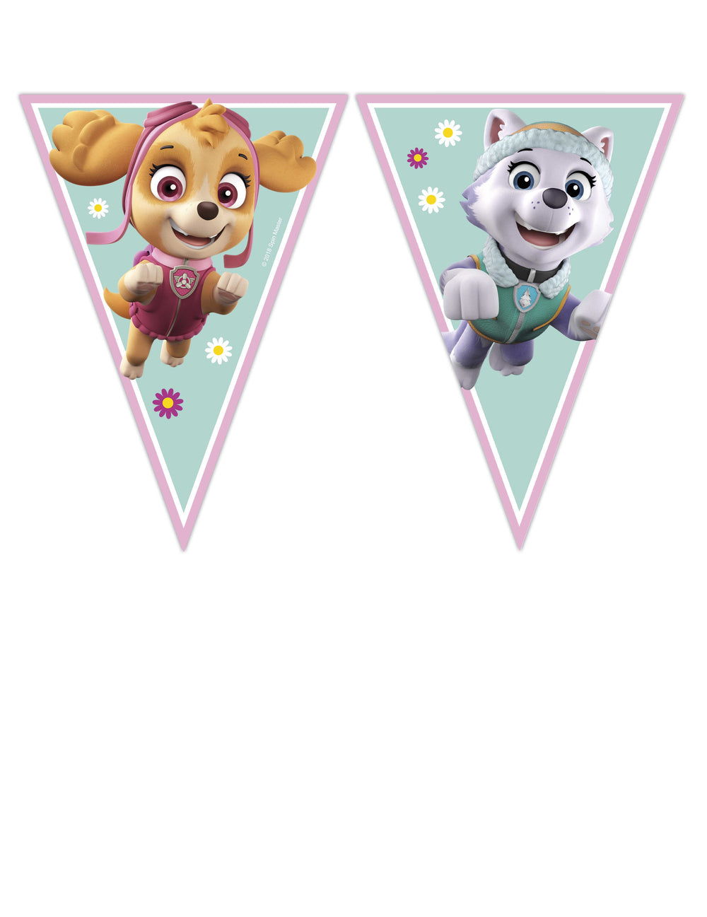 Guirlande 9 fanions Pat' Patrouille Stella et Everest pour enfant rose et bleu menthe