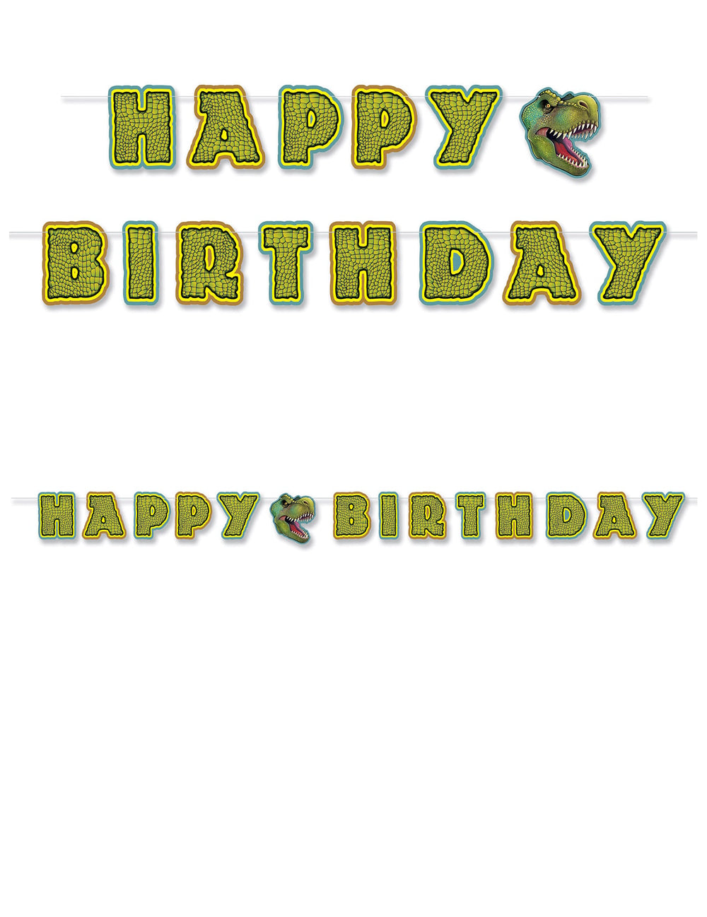 Guirlande à assembler Happy Birthday thème Dinosaures vert et jaune avec tête de T-Rex
