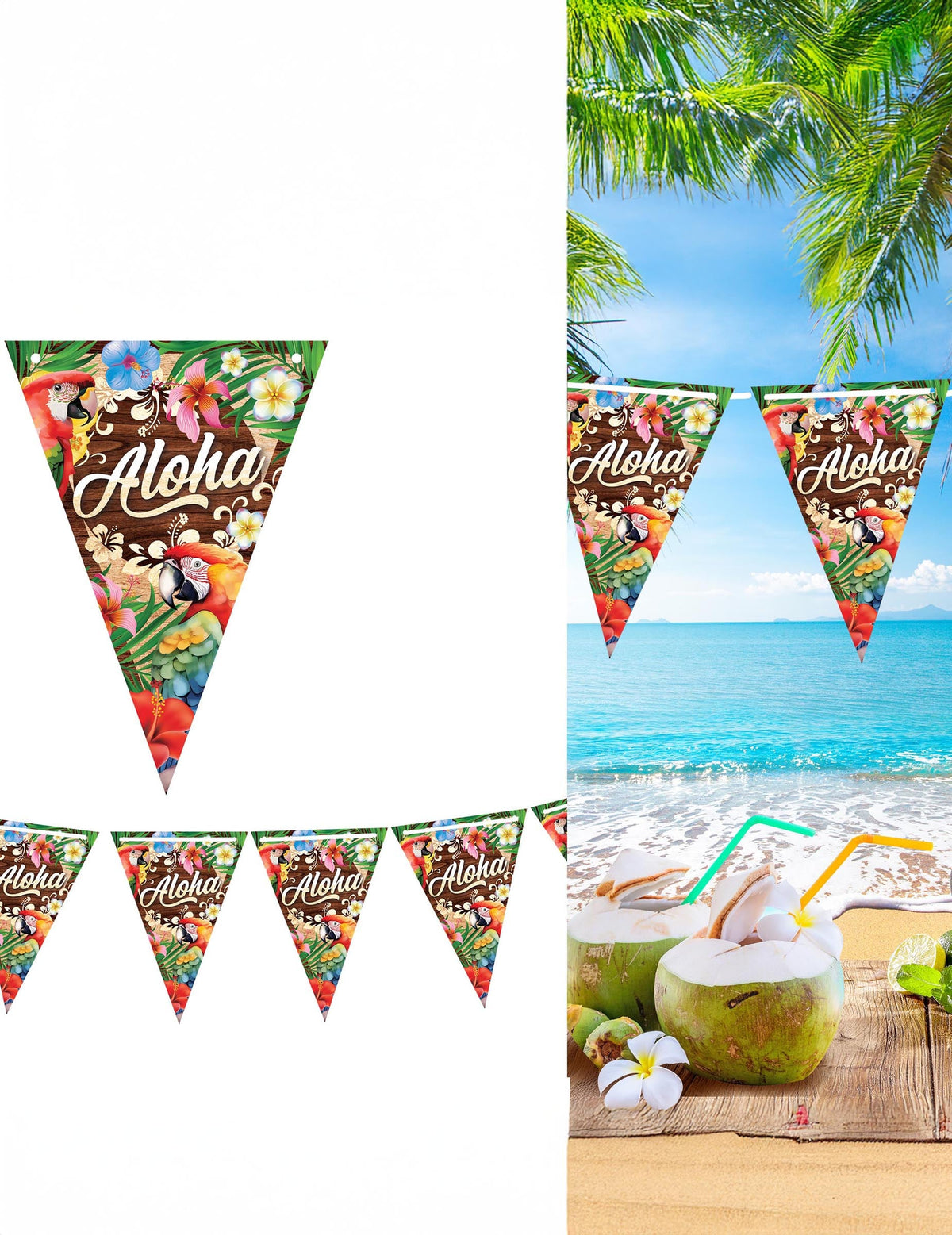 Guirlande à fanions Aloha Hawaï multicolore avec perroquets et fleurs tropicales