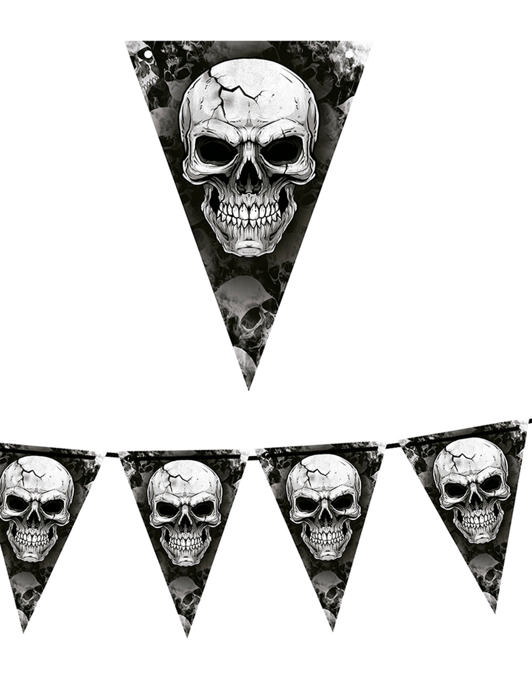 Détail des motifs de la guirlande à fanions tête de mort