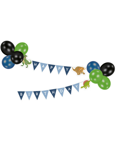 Guirlande avec ballons Happy Birthday grands dinosaures pour anniversaire bleue verte et noire
