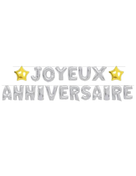 Guirlande ballons Joyeux Anniversaire argentée avec étoiles dorées