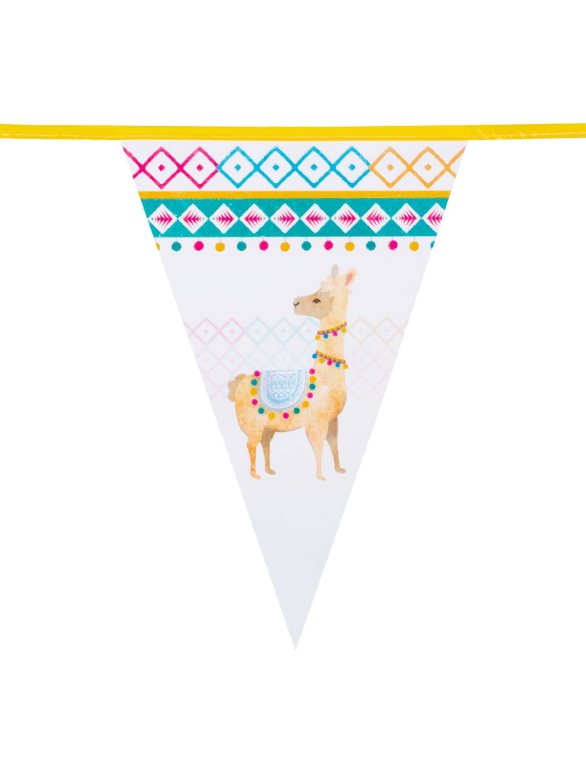 Détail du dessin de lama de la guirlande de fanions en plastique lama