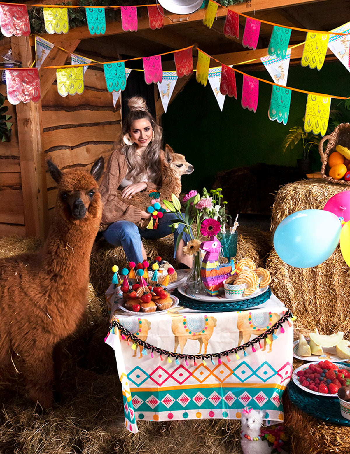 Mise en scène festive de la guirlande de fanions en plastique lama