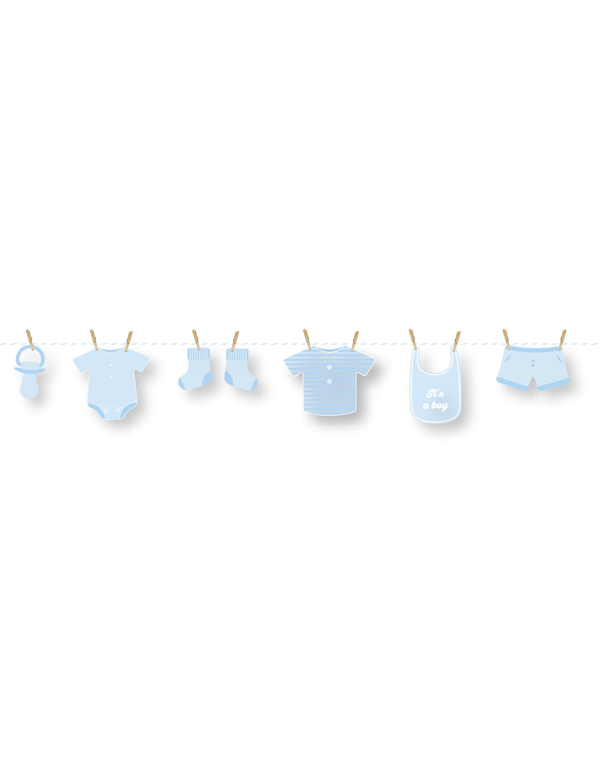 Guirlande en carton diy bébé pour baby shower bleue avec motifs de vêtements de garçon