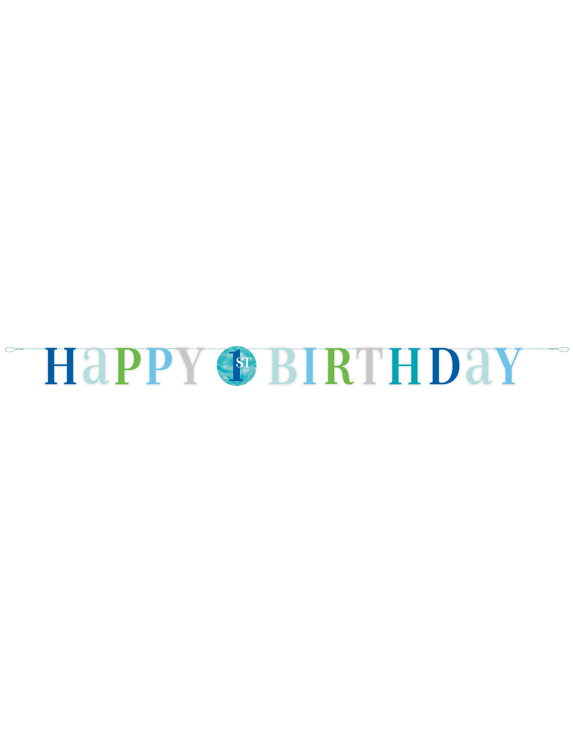 Vue d'ensemble de la guirlande en carton happy 1st birthday pour garçon bleue