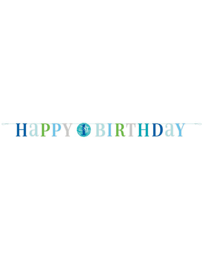 Vue d'ensemble de la guirlande en carton happy 1st birthday pour garçon bleue