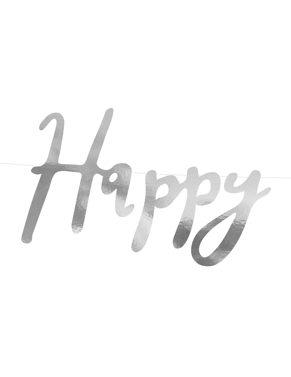 Gros plan sur le mot Happy de la guirlande Happy Birthday pour fête argentée métallisée