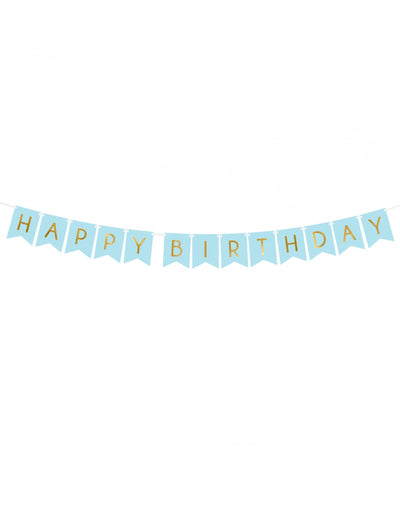 Guirlande en carton Happy Birthday pour anniversaire bleue et dorée métallisée