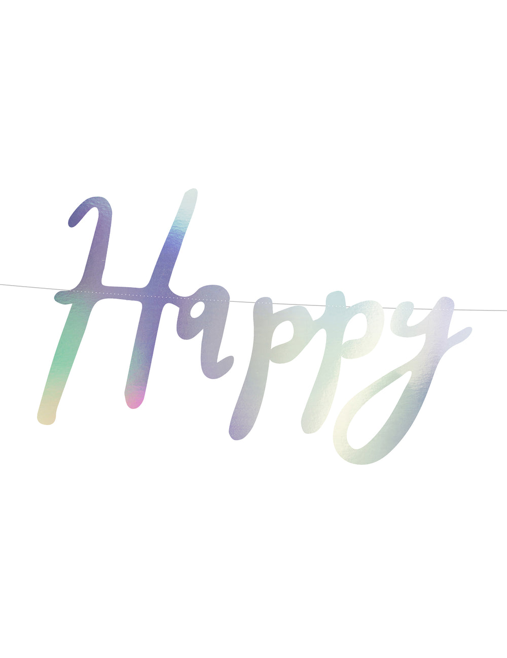 Gros plan sur le mot Happy de la guirlande en carton happy birthday iridescent