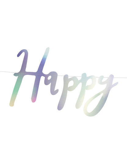 Gros plan sur le mot Happy de la guirlande en carton happy birthday iridescent
