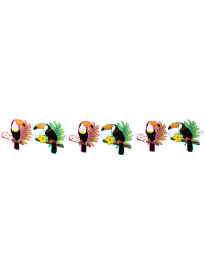 Guirlande en carton toucan pour fête tropicale multicolore avec fleurs exotiques