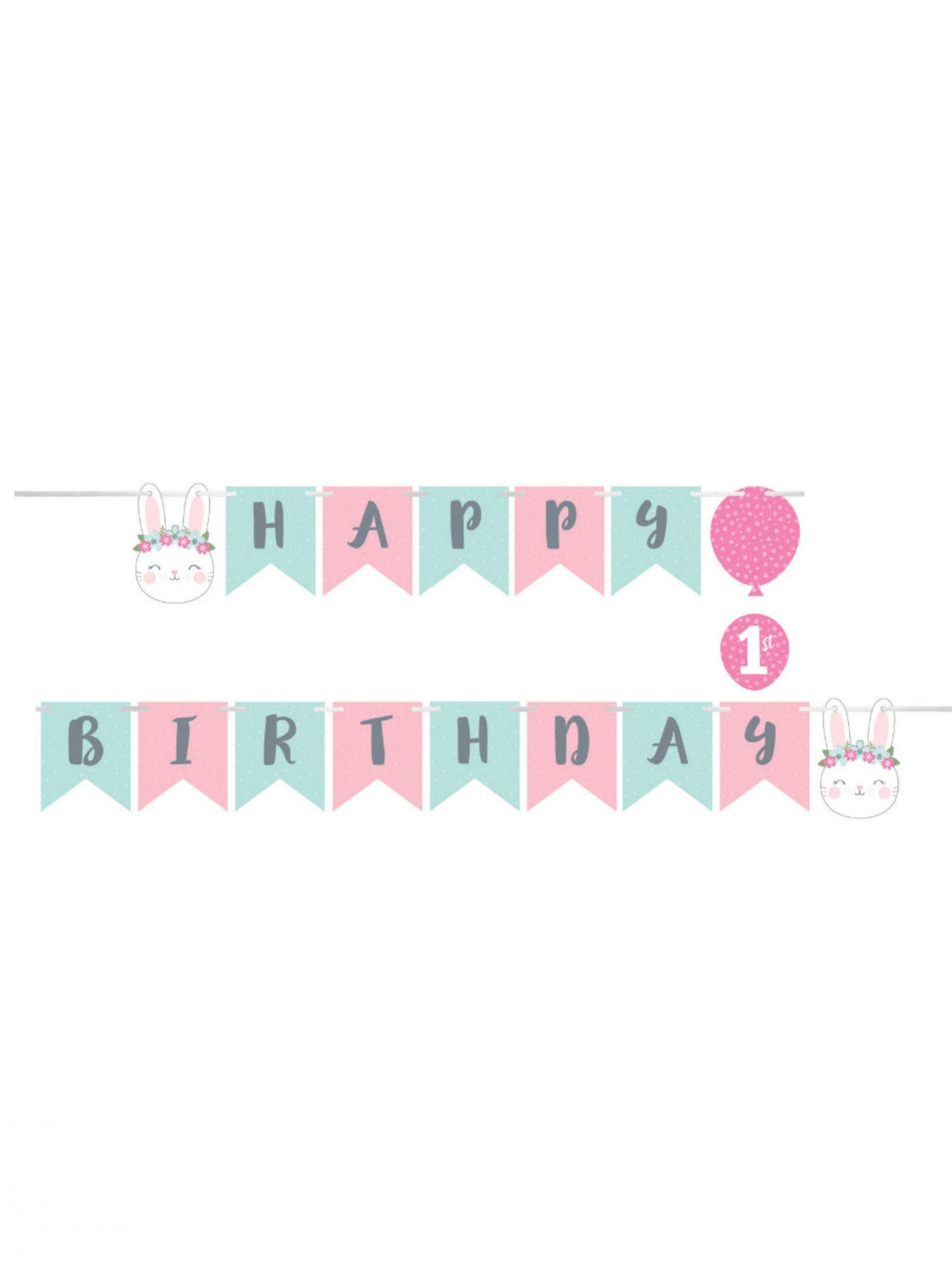 Guirlande en papier happy birthday petit lapin pour 1er anniversaire rose et vert menthe