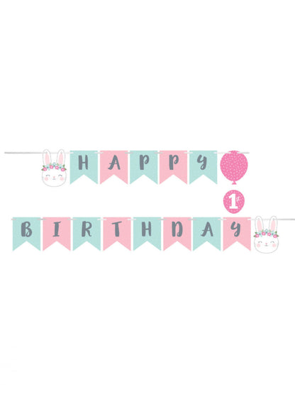 Guirlande en papier happy birthday petit lapin pour 1er anniversaire rose et vert menthe