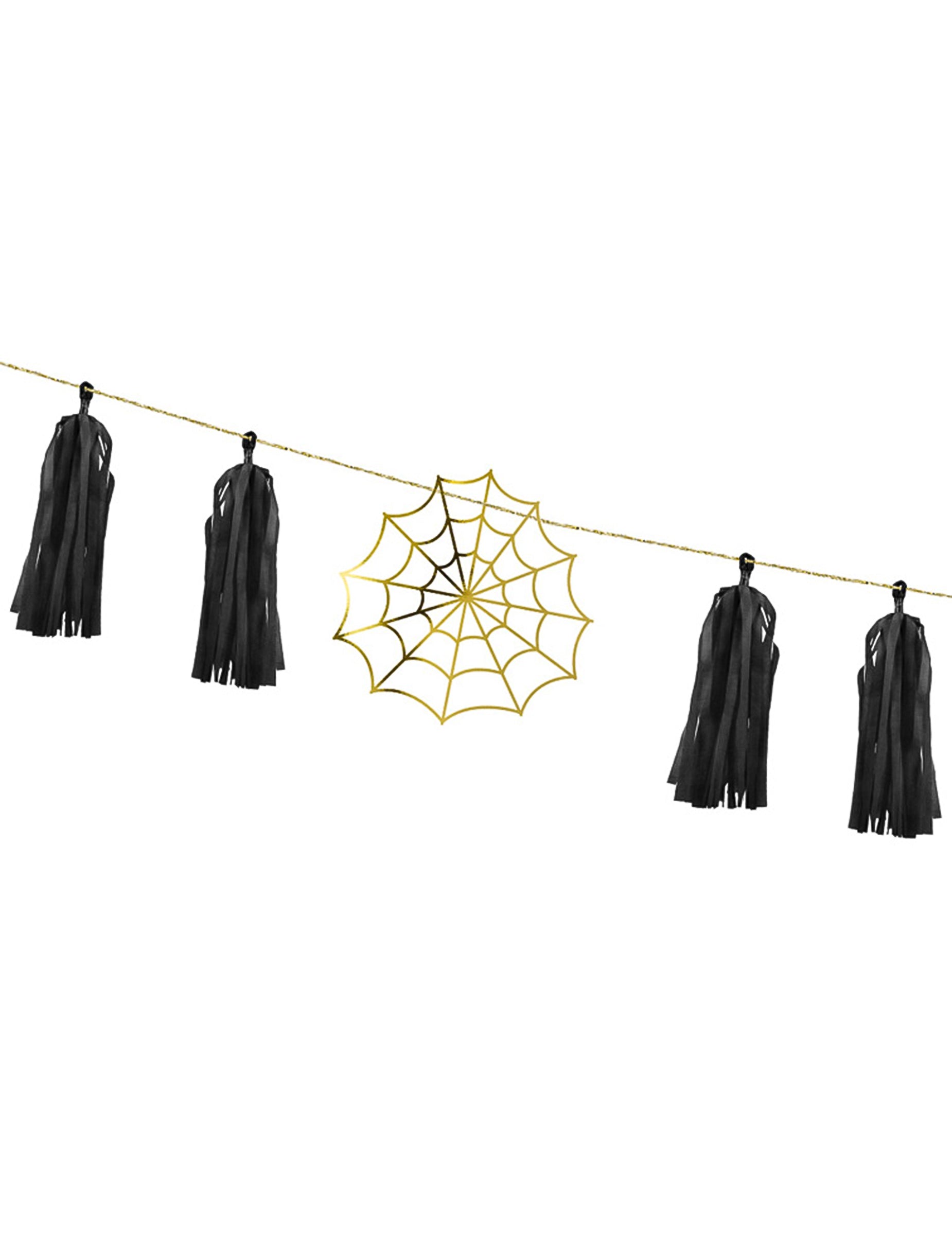 Guirlande en papier tassel toile d'araignée pour fête dorée et noire à monter