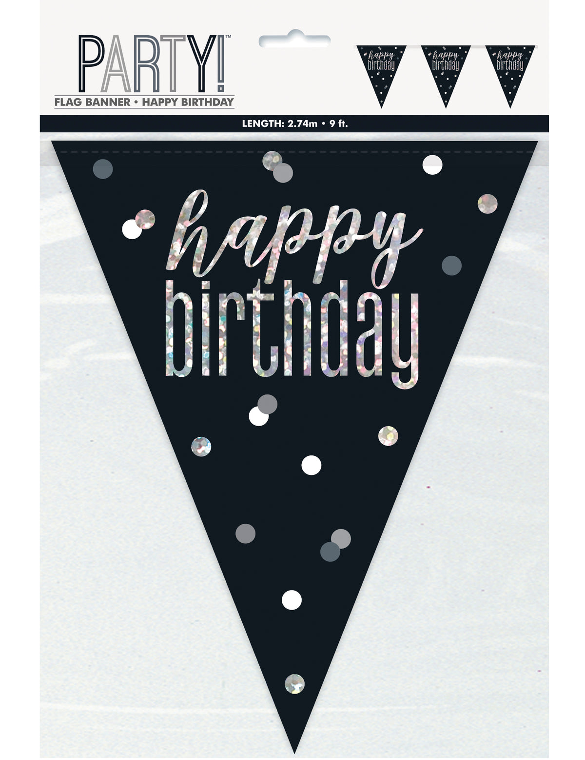 Guirlande à fanions Happy Birthday pour anniversaire noire et grise avec lettrage argenté