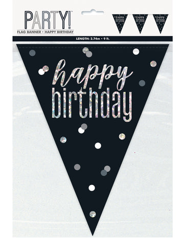 Crno-siva plastična girlanda "Sretan rođendan", 2,7 m, sa srebrnim zastavicama