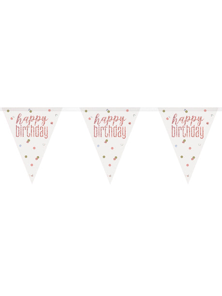 Guirlande fanions en plastique Happy Birthday blanche et rose à pois