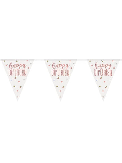 Guirlande fanions en plastique Happy Birthday blanche et rose à pois