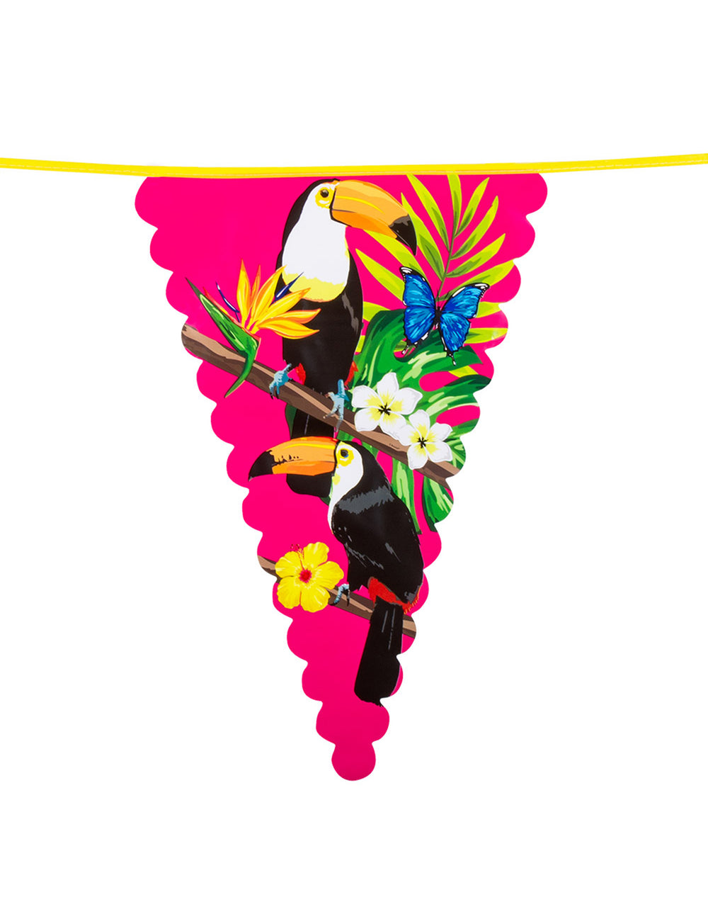 Gros plan sur un fanion de la guirlande fanions en plastique toucan