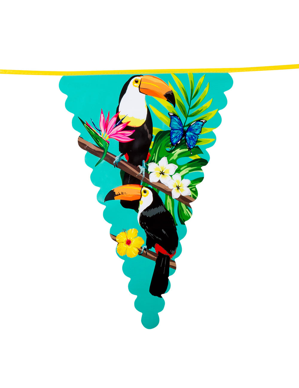 Détail du décor exotique de la guirlande fanions en plastique toucan