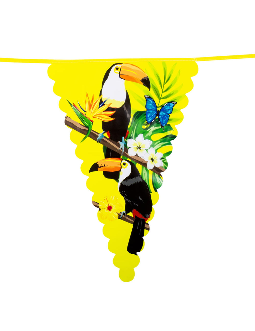 Zoom sur le motif toucan de la guirlande fanions en plastique toucan