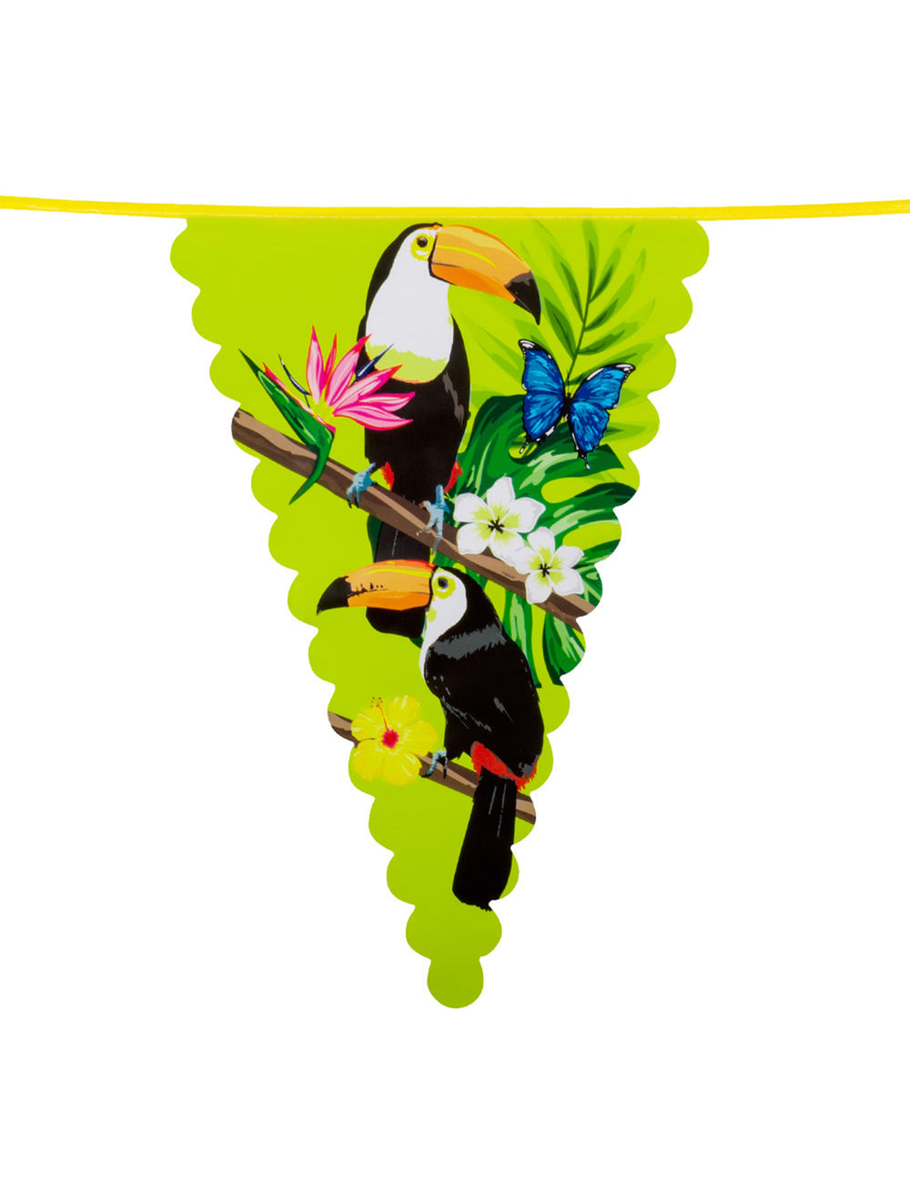 Guirlande fanions en plastique toucan vert tropical avec fleurs et papillon bleu