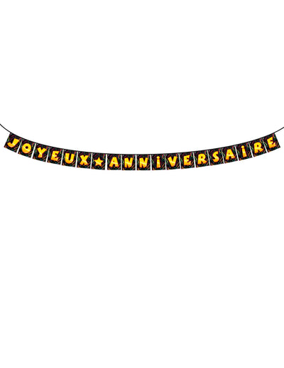 Guirlande fanions Joyeux anniversaire noire avec lettrage jaune et orange