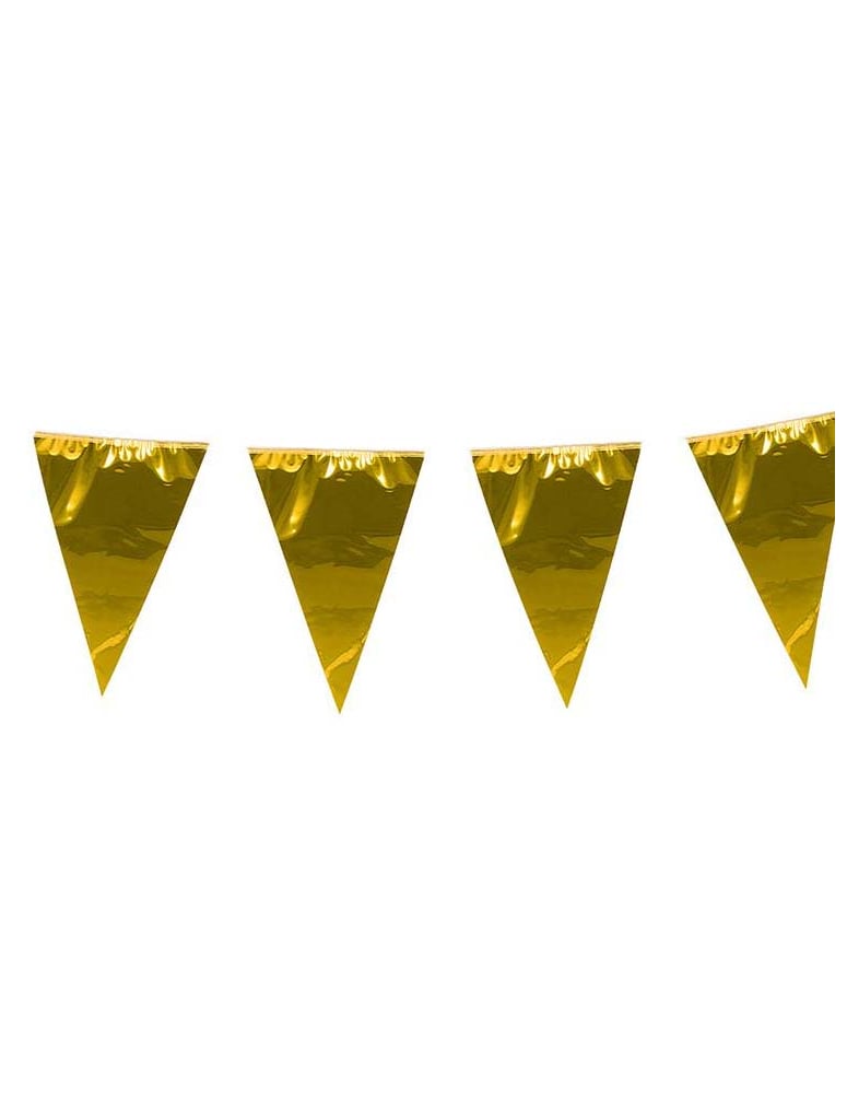 Détail des dimensions d'un fanion de la guirlande à fanions géants dorés pour fête