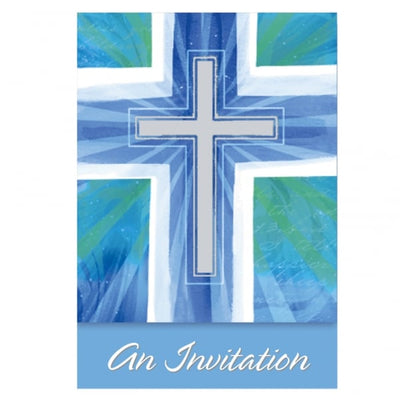Cartons d'invitation communion bleus avec motif de croix argentée et enveloppes