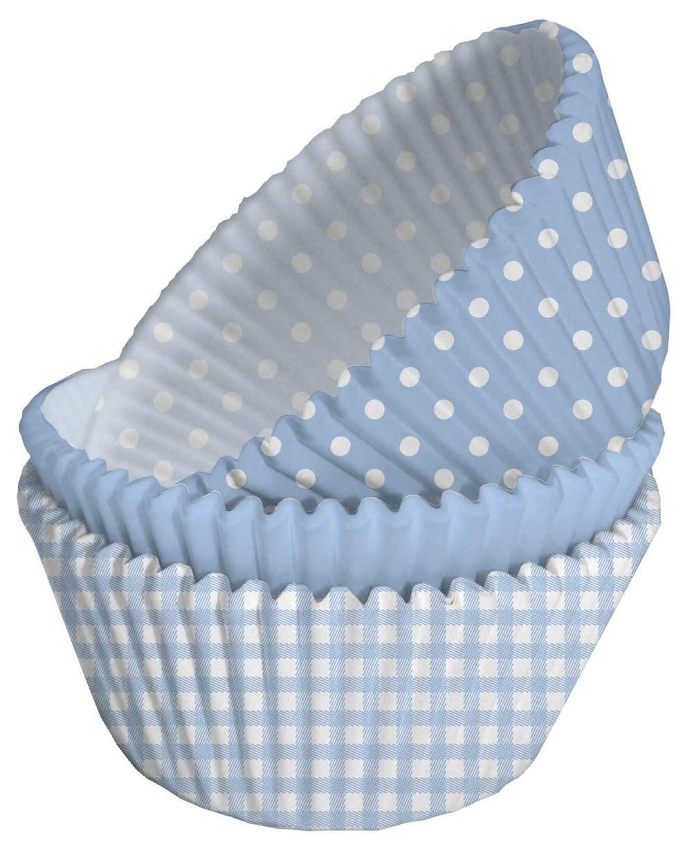 Papirnati kalupi za cupcakes za baby shower s plavim točkicama na bijeloj podlozi