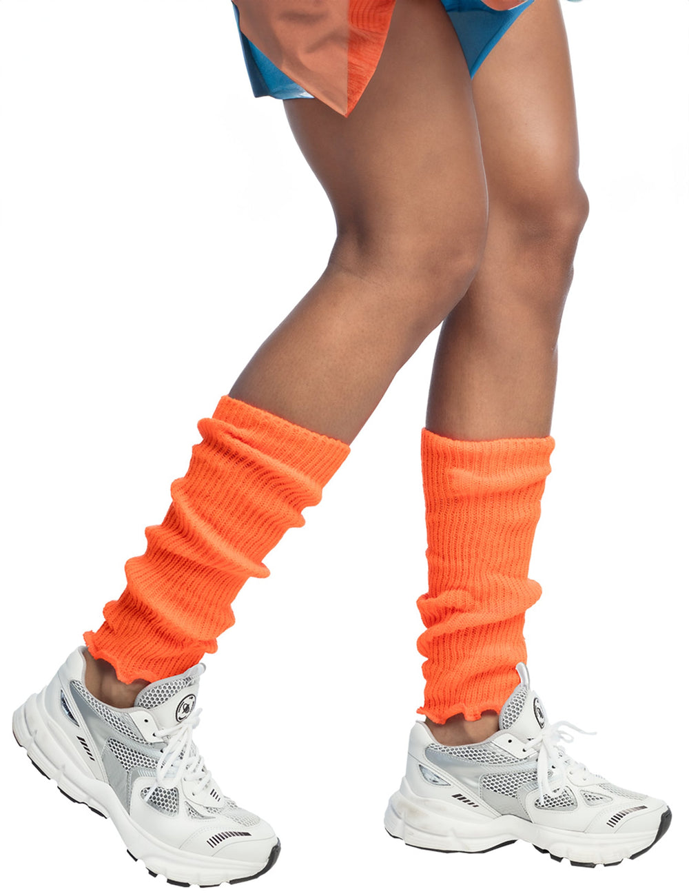 Vue de profil des jambières pour femme orange fluo en maille