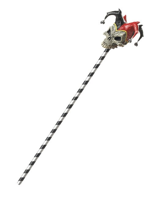 Gros plan sur la tête de squelette de la canne de bouffon Halloween