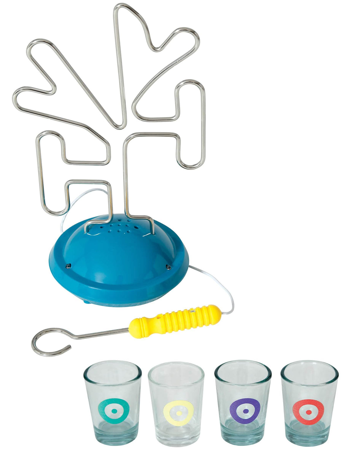 Jeu d'adresse apéro avec shooters pour adulte bleu avec 4 verres colorés