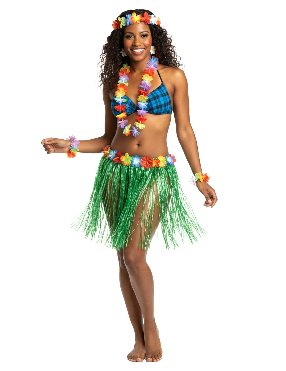 Vue d'ensemble avec accessoires de la jupe hawaïenne courte pour adulte