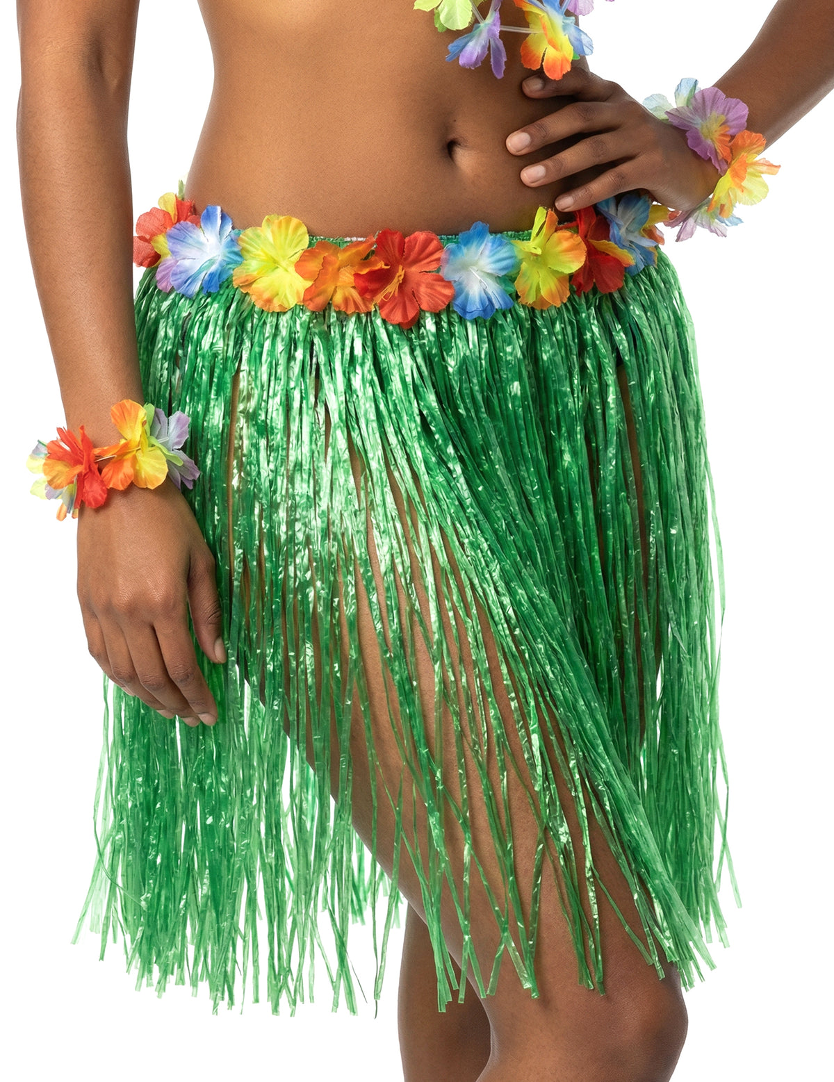 Détail de la ceinture fleurie et des franges de la jupe hawaïenne courte pour adulte