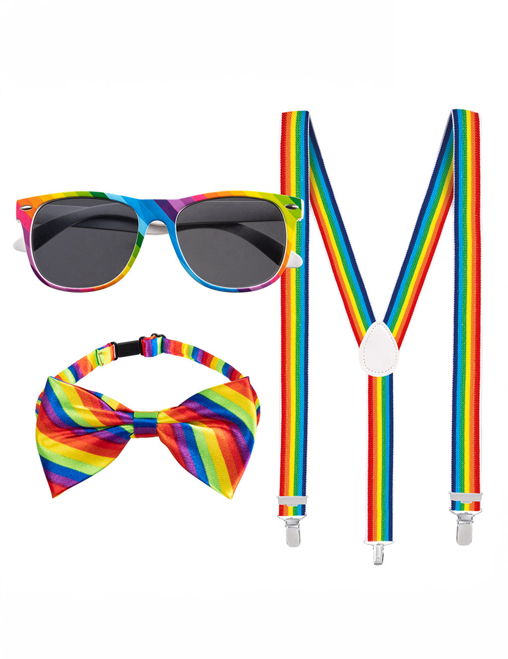 Kit d'accessoires arc en ciel pour adulte multicolore avec lunettes, nœud papillon et bretelles