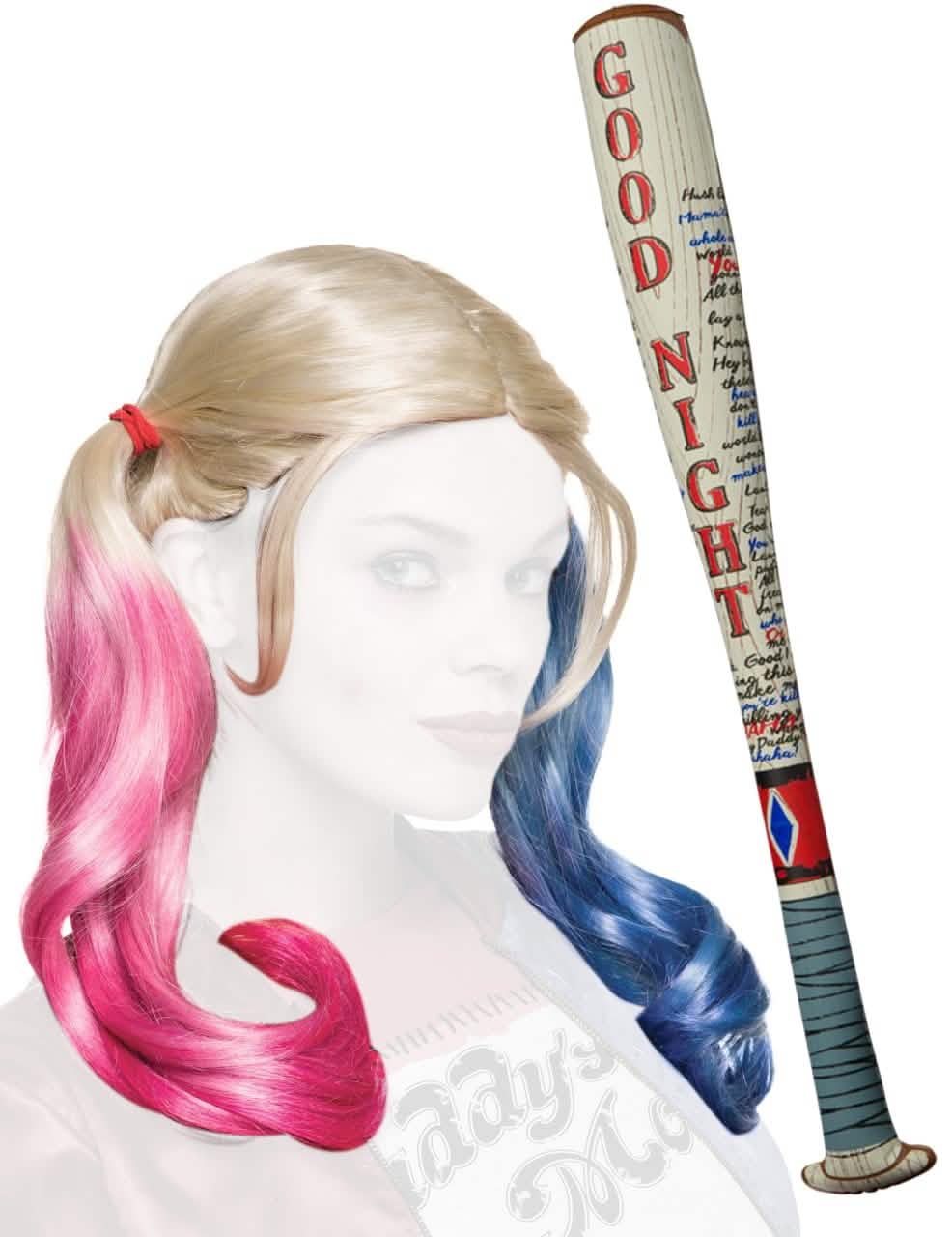 Komplet dodaci Harley Quinn za plavu ženu s pletenicama roza i plave boje s bejzbolskom palicom