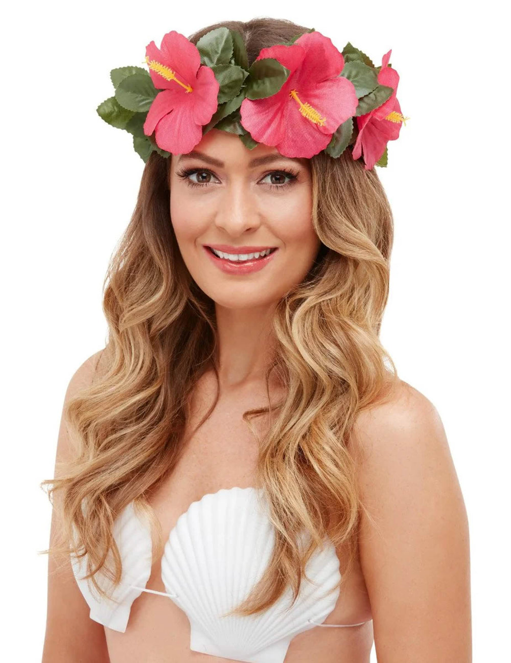 Pogled sprijeda na krunu i grudnjak od školjki iz kompleta dodaci Luau Tiki havaji