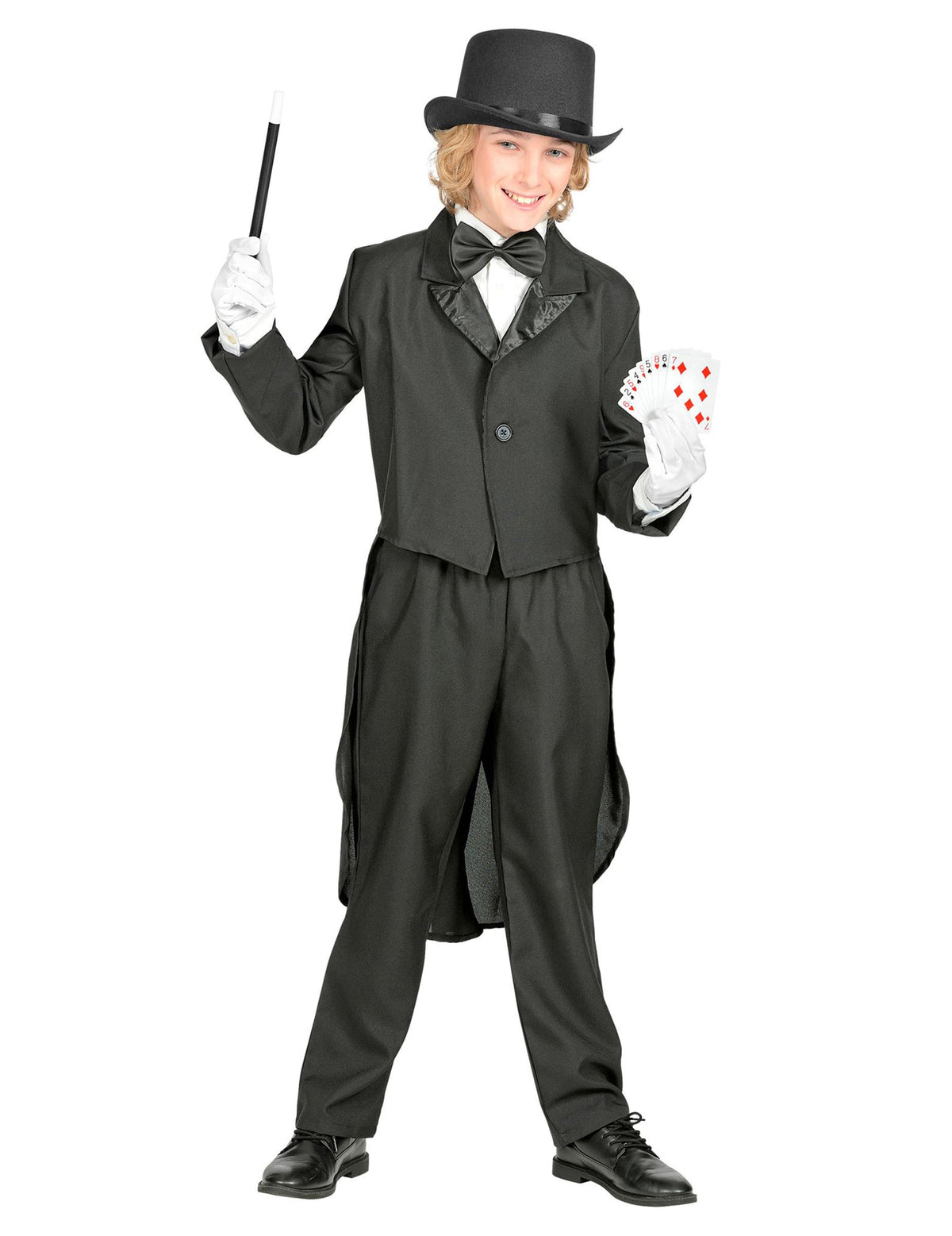 Vue avec jeu de cartes et baguette du kit accessoires magicien pour enfant