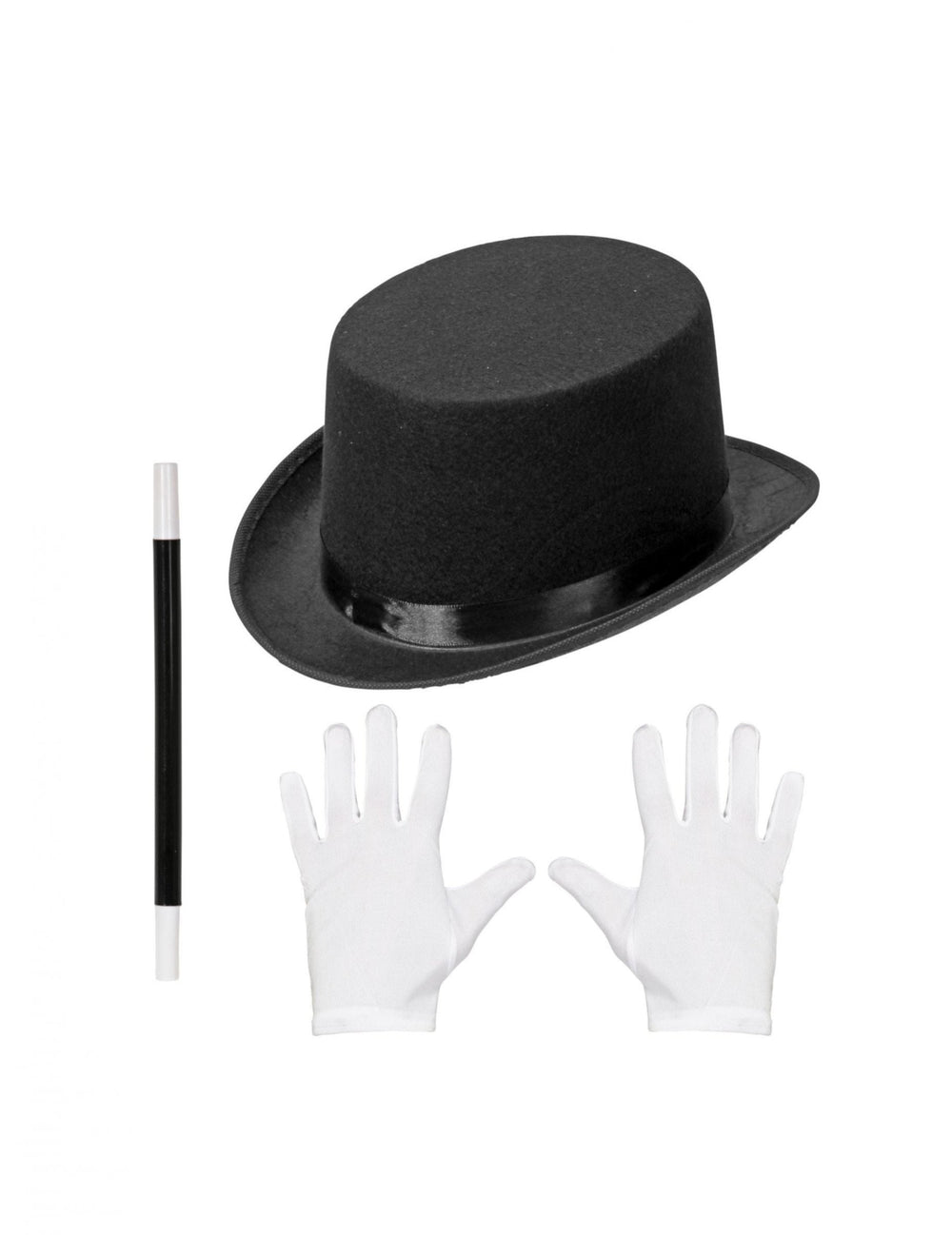 Kit accessoires magicien pour enfant noir et blanc avec chapeau haut-de-forme gants et baguette