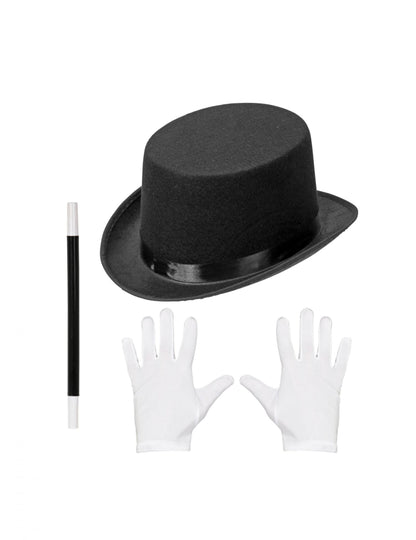 Kit accessoires magicien pour enfant noir et blanc avec chapeau haut-de-forme gants et baguette