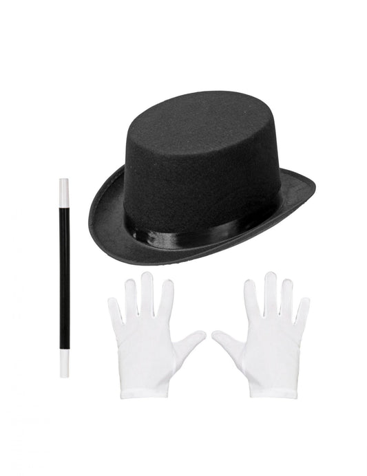 Kit accessoires magicien pour enfant noir et blanc avec chapeau haut-de-forme gants et baguette