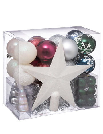 Komplet od 44 komada za ukrašavanje božićnog drvca u bijeloj, crvenoj, plavoj i zelenoj boji, uključujući kuglice i vrh drvca