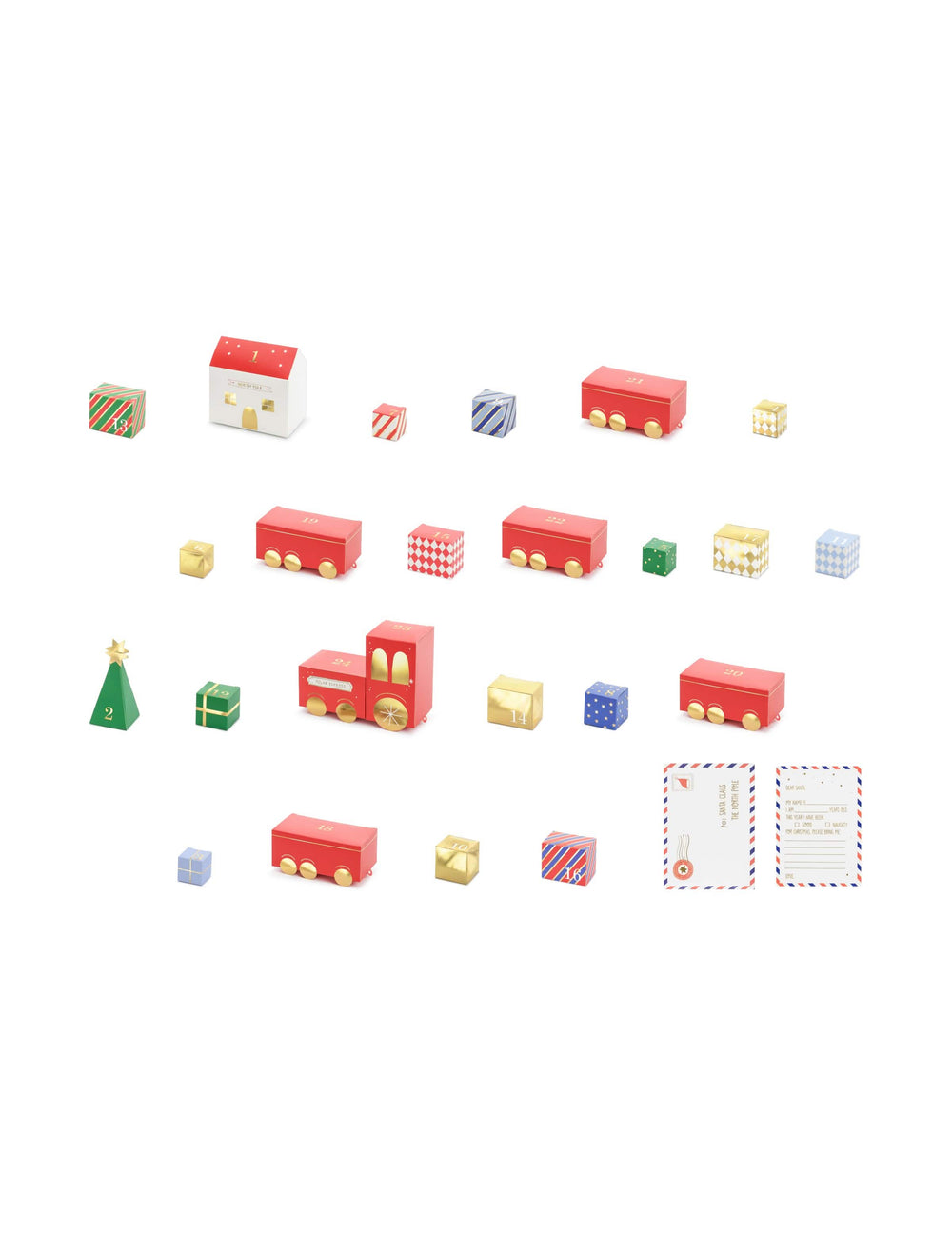 Detalji kutija i dodaci DIY kompleta adventskog kalendara božićnog vlaka