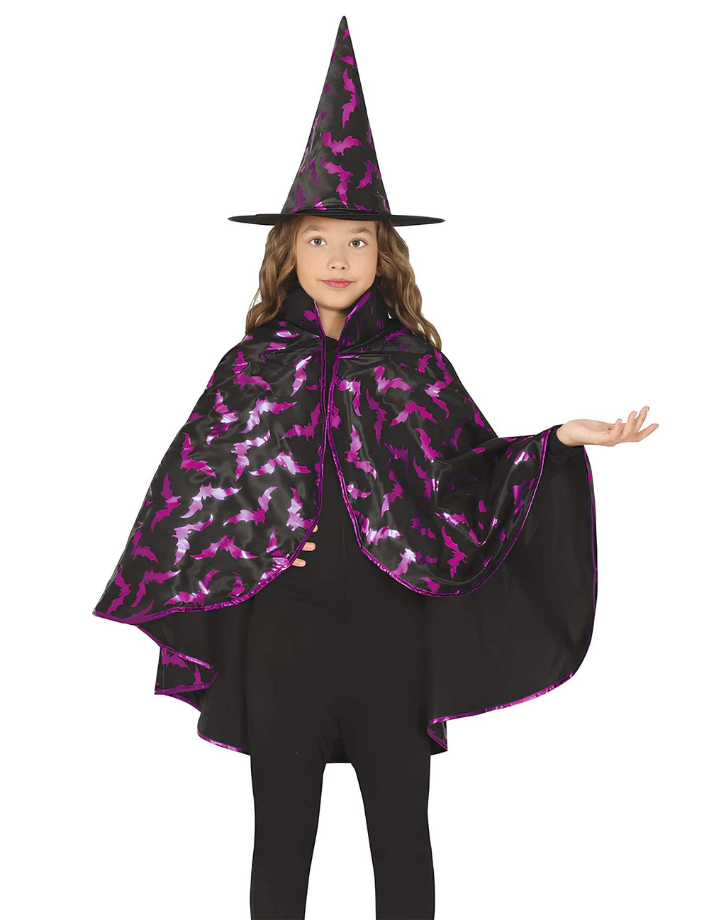 Kit cape et chapeau de sorcière chauve-souris pour enfant noir et violet à motifs brillants