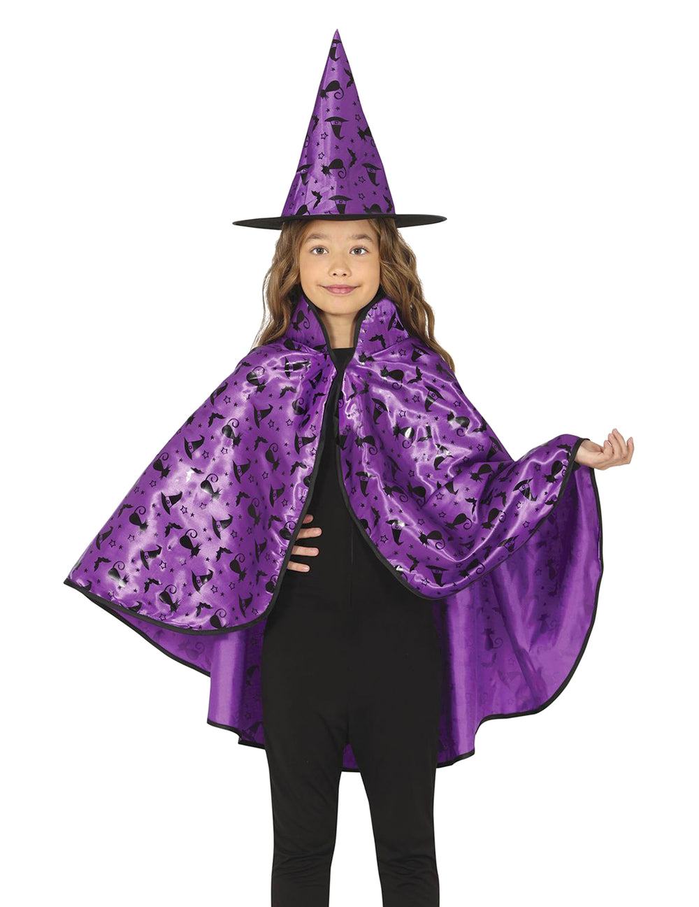Kit cape et chapeau de sorcière pour enfant lilas à motifs noirs